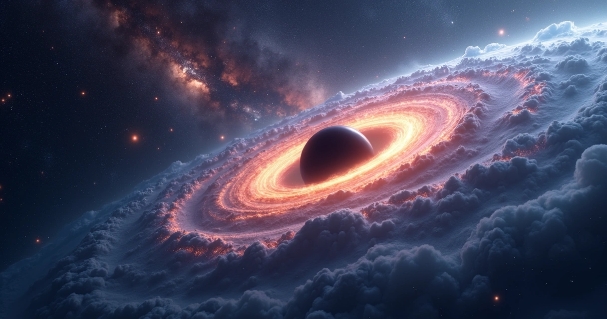 Buraco negro no centro de galáxia antiga, com gás e estrelas ao redor, visto de cima 