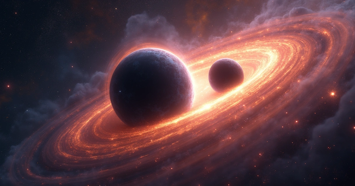 Duas esferas escuras próximas uma da outra com matéria luminosa ao redor 