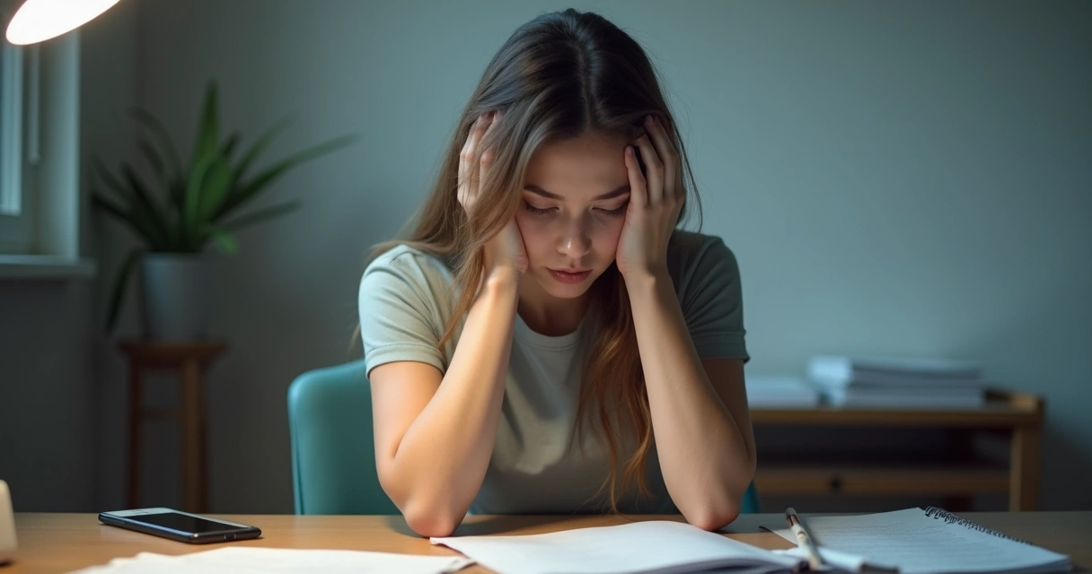 Tired looking woman sitting alone, holding her head with hands