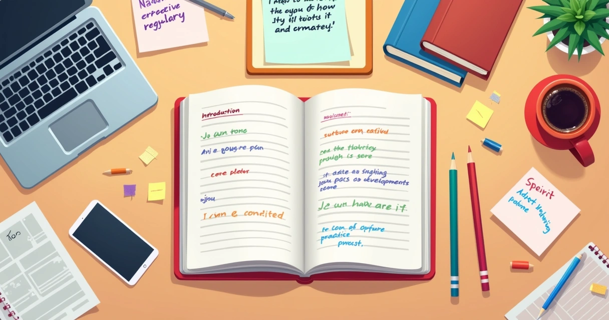 Bureau bien rangé avec un cahier ouvert, un ordinateur portable et des notes autocollantes pour la rédaction.