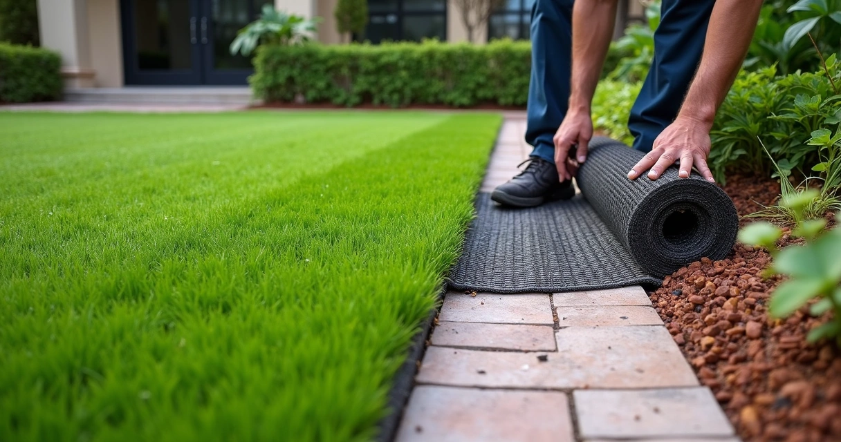 Artificial turf being installed with a buried wildlife barrier in Orlando yard