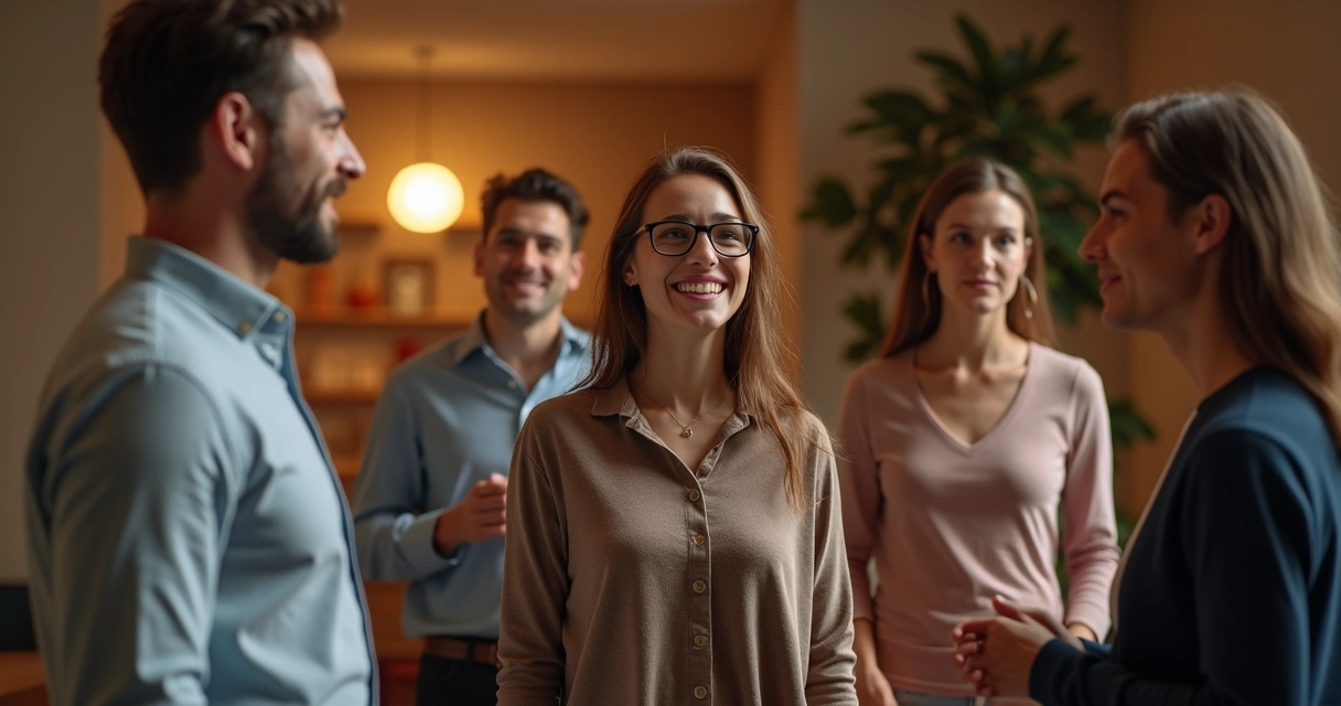 Persona en grupo social mirando alrededor buscando aceptación
