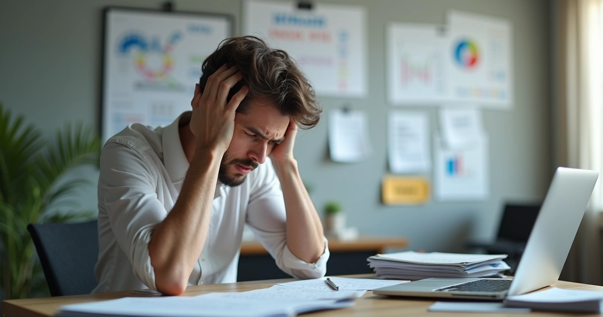 Pessoa com mãos na cabeça mostrando sinais de estresse ao lado de murais de tarefas, ambiente de escritório 