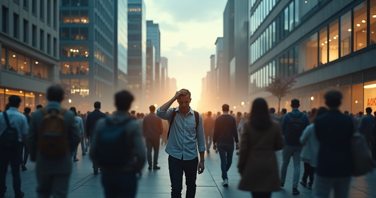 Multidão em cidade cinza com uma pessoa iluminada no centro exausta 