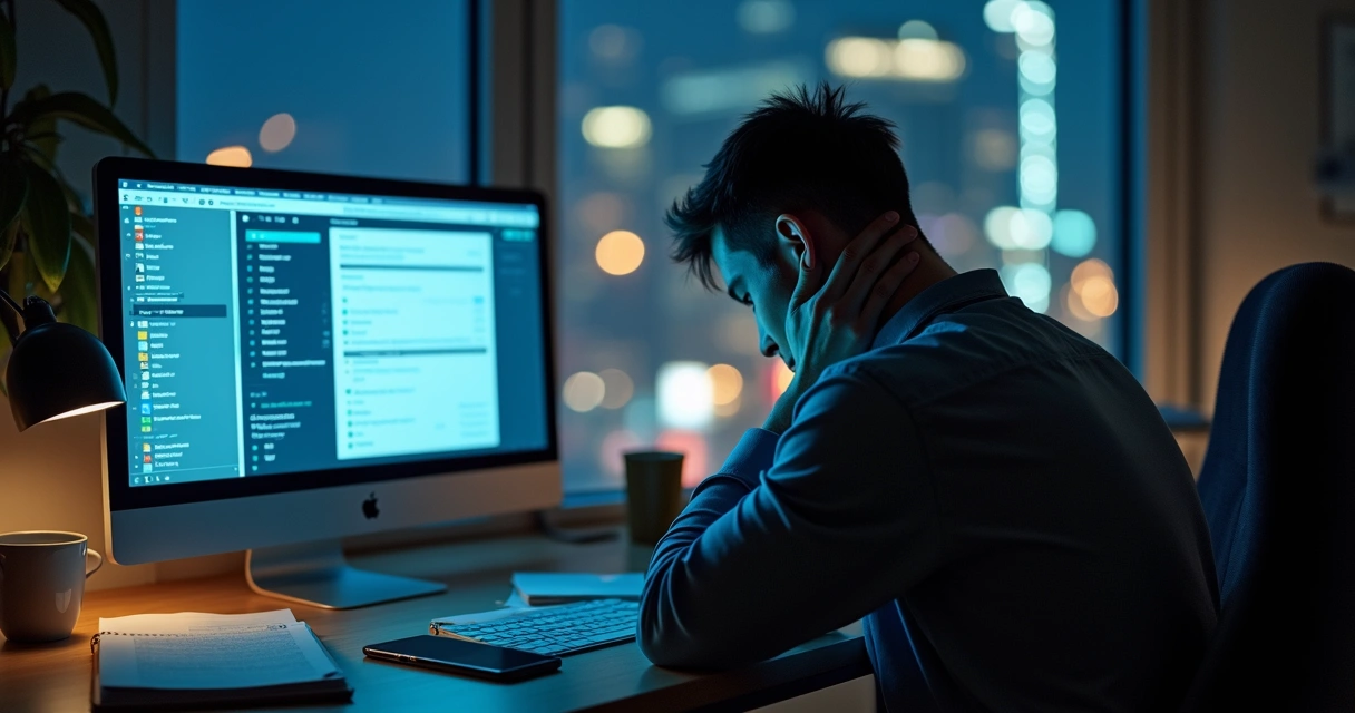 Pessoa exausta sentada à mesa de trabalho escura com tela de computador acesa 