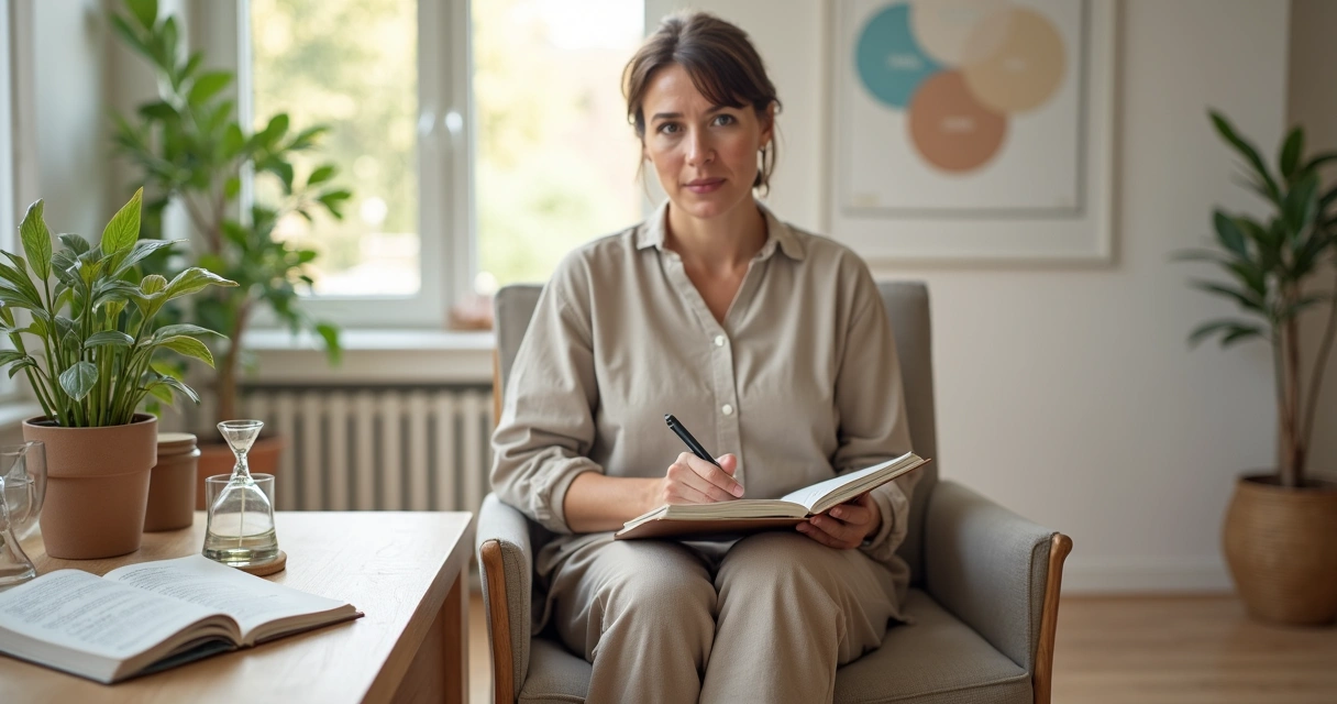 Pessoa em sala tranquila praticando autoconhecimento para lidar com burnout emocional 