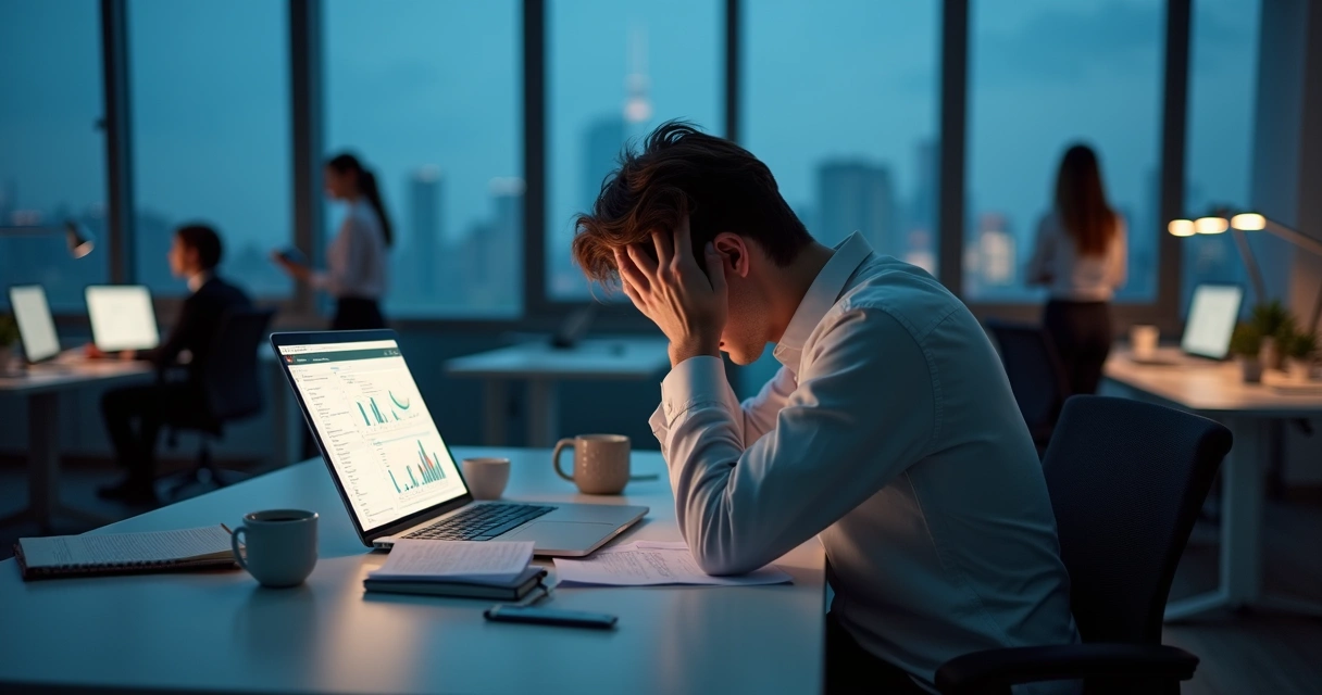 Pessoa exausta sentada à mesa de trabalho segurando a cabeça com expressão de cansaço 