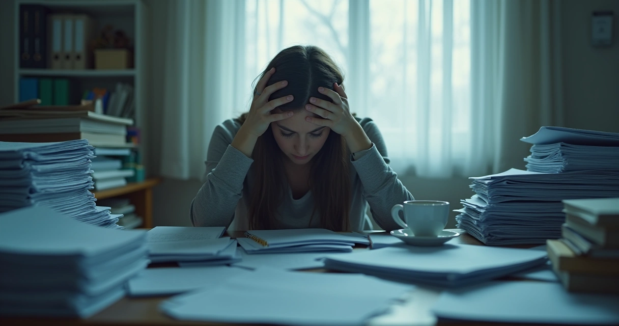 Woman alone at desk, head in hands, surrounded by stacks of paperwork