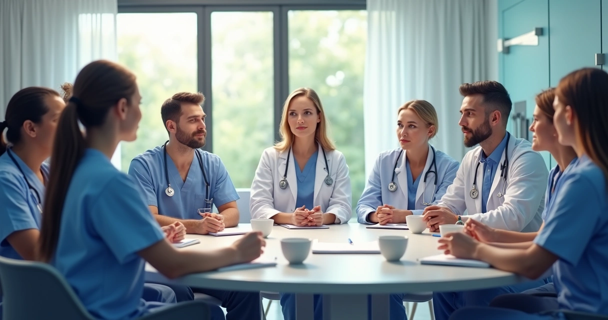 Profissionais de saúde em roda conversando em sala de reunião 
