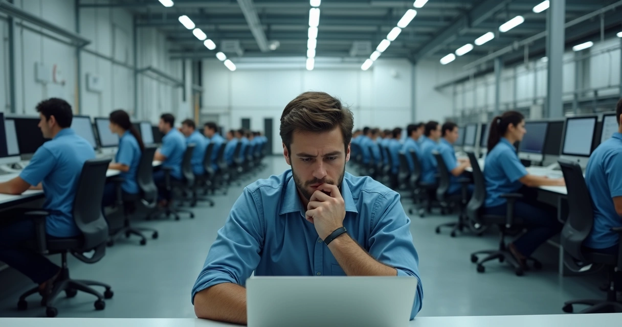 Colaboradores de indústria e escritório sentados, aparentando cansaço mental 