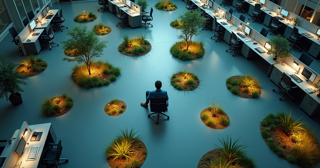 Overhead view of exhausted worker in gray office surrounded by small glowing garden pockets 