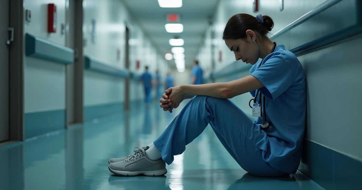 Profissional da saúde exausto sentado em corredor de hospital vazio 