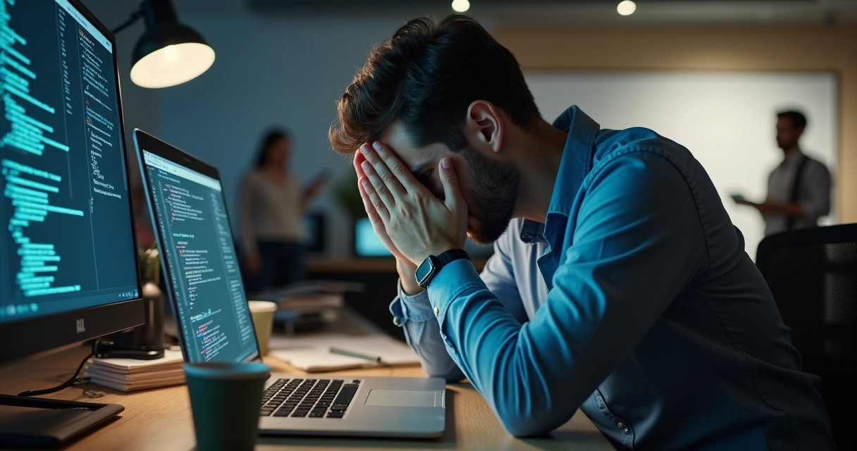 Profissional de tecnologia exausto, sentado em frente ao notebook em escritório 