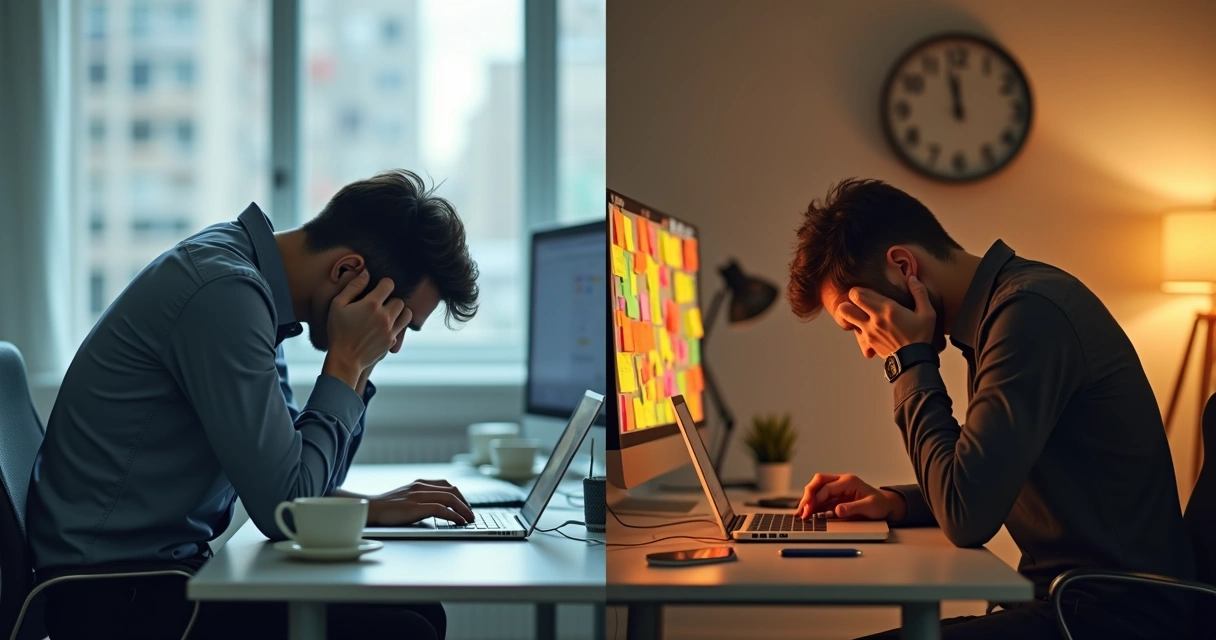 Split scene contrasting burnout exhaustion and chronic stress overload 