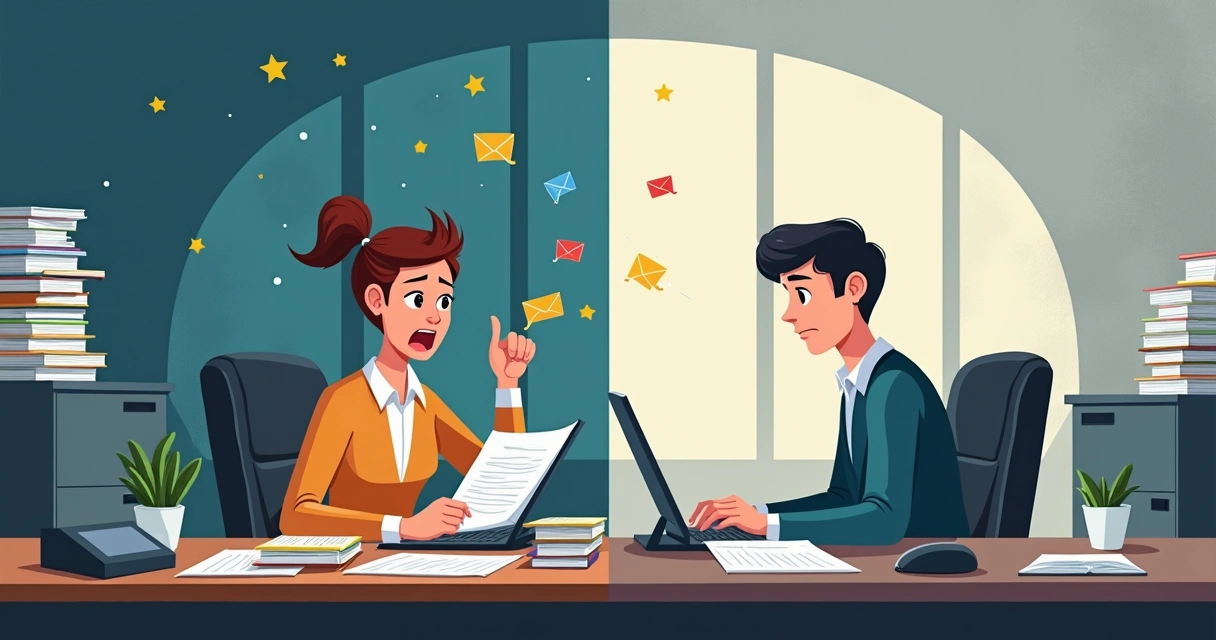 Illustration showing two office workers at desks, one visibly overwhelmed by papers and emails, the other appearing emotionally withdrawn