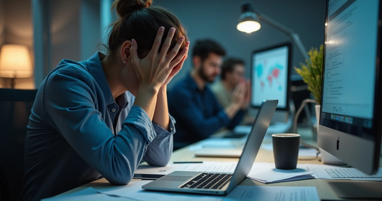 Office worker at desk showing signs of stress and fatigue 