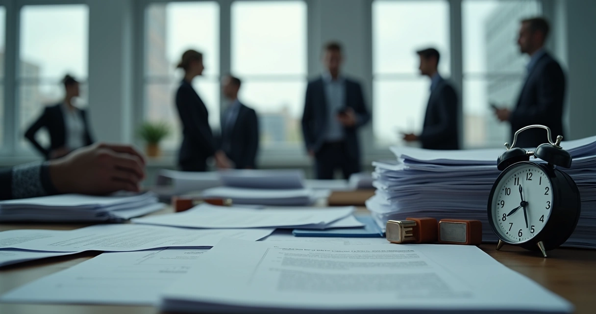 Pilha de papéis e carimbos em mesa de escritório corporativo 