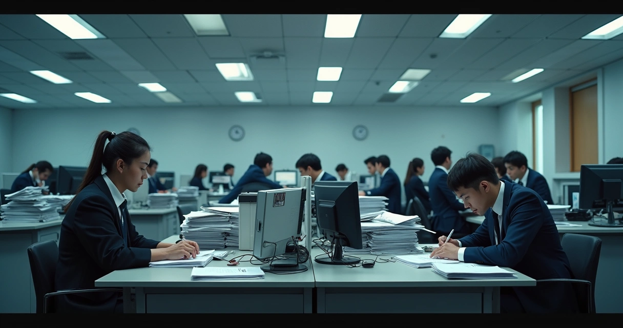 Pila de documentos y escritorios en oficina con personas trabajando en silencio.