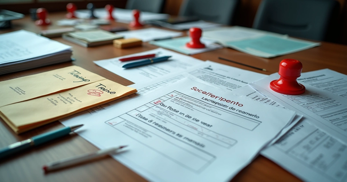 Mesa de escritório cheia de papéis de treinamento, carimbos e documentos 