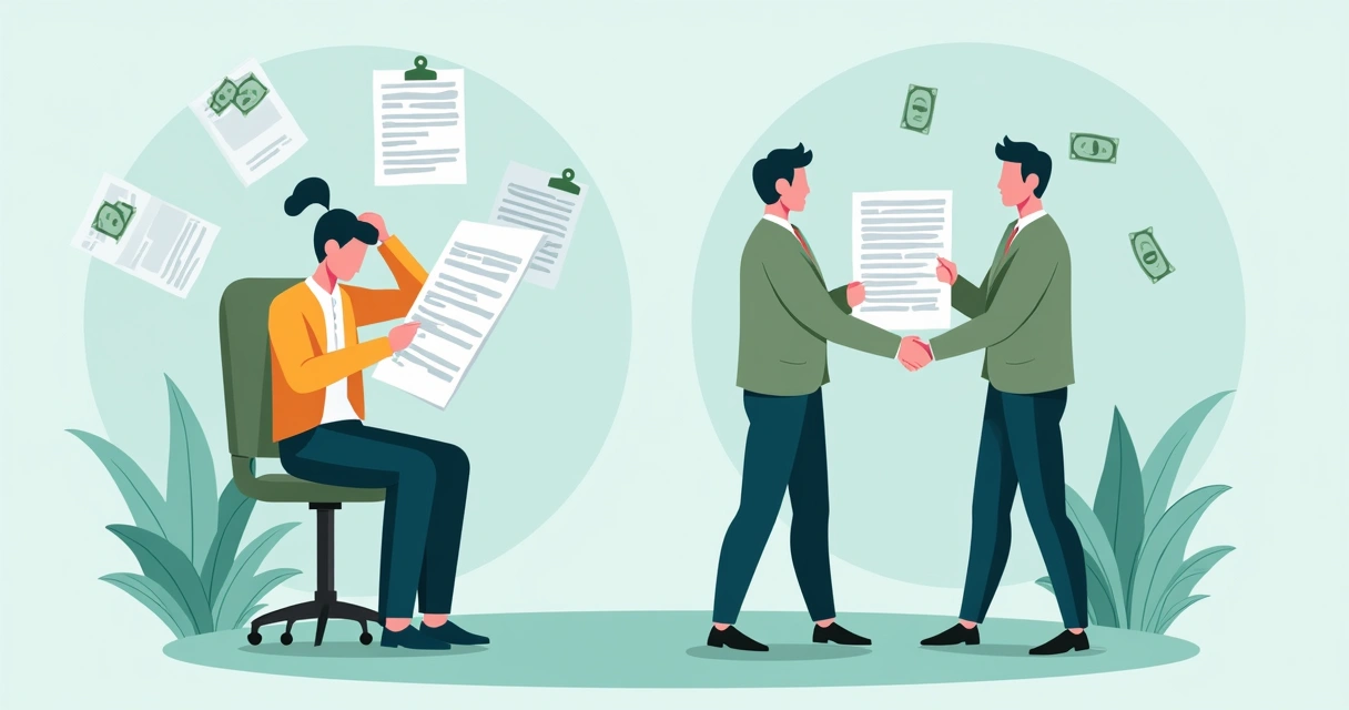 Duas pessoas analisando contratos, uma presa em burocracia, outra com soluções flexíveis. 