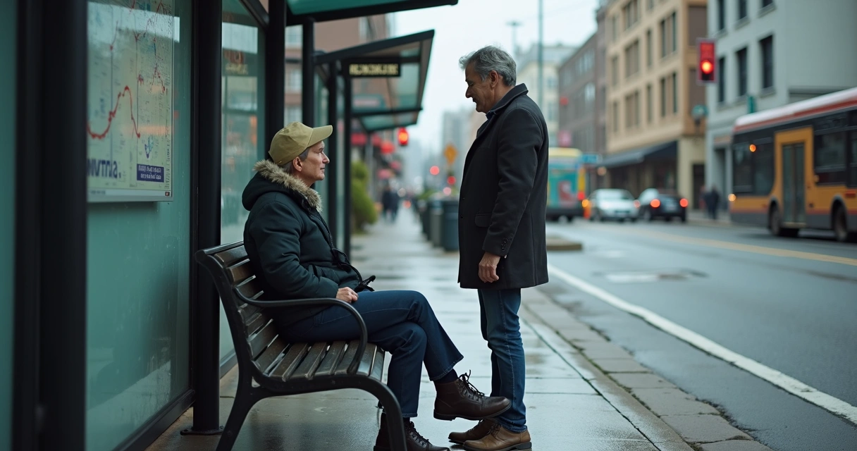 Person offering a seat to another person at a bus stop