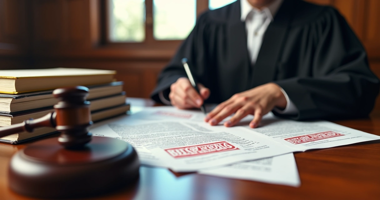 Juiz analisando documentos de busca e apreensão em mesa de tribunal 