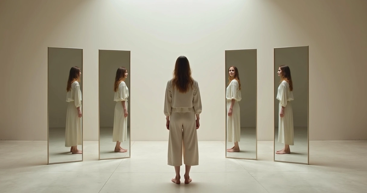 Pessoa em pé diante de vários espelhos com reflexos diferentes representando identidade pessoal 