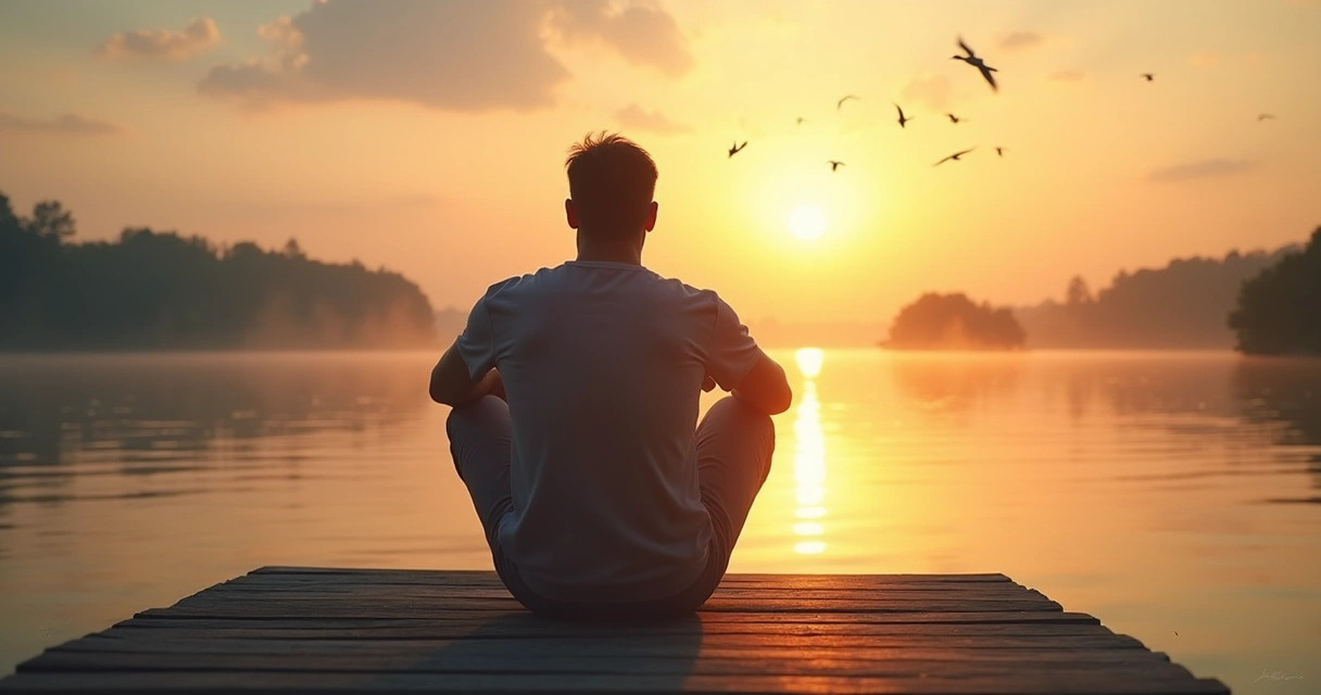 Pessoa sentada em posição de reflexão diante de um lago calmo ao pôr do sol 