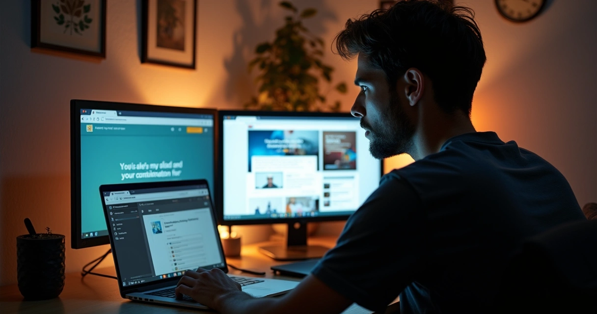 Pessoa sentada refletindo diante de computador com várias janelas de cursos online abertas. 