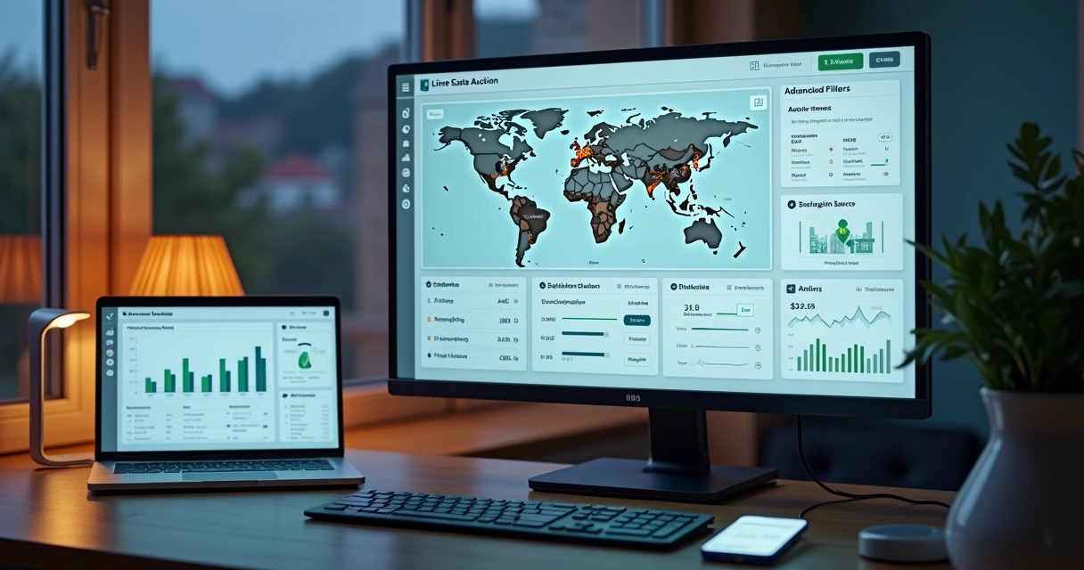 Tela de computador exibindo plataforma de busca automática de leilões de imóveis com filtros avançados 