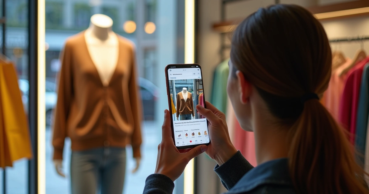 Pessoa tirando foto de um cardigan em vitrine usando o celular 