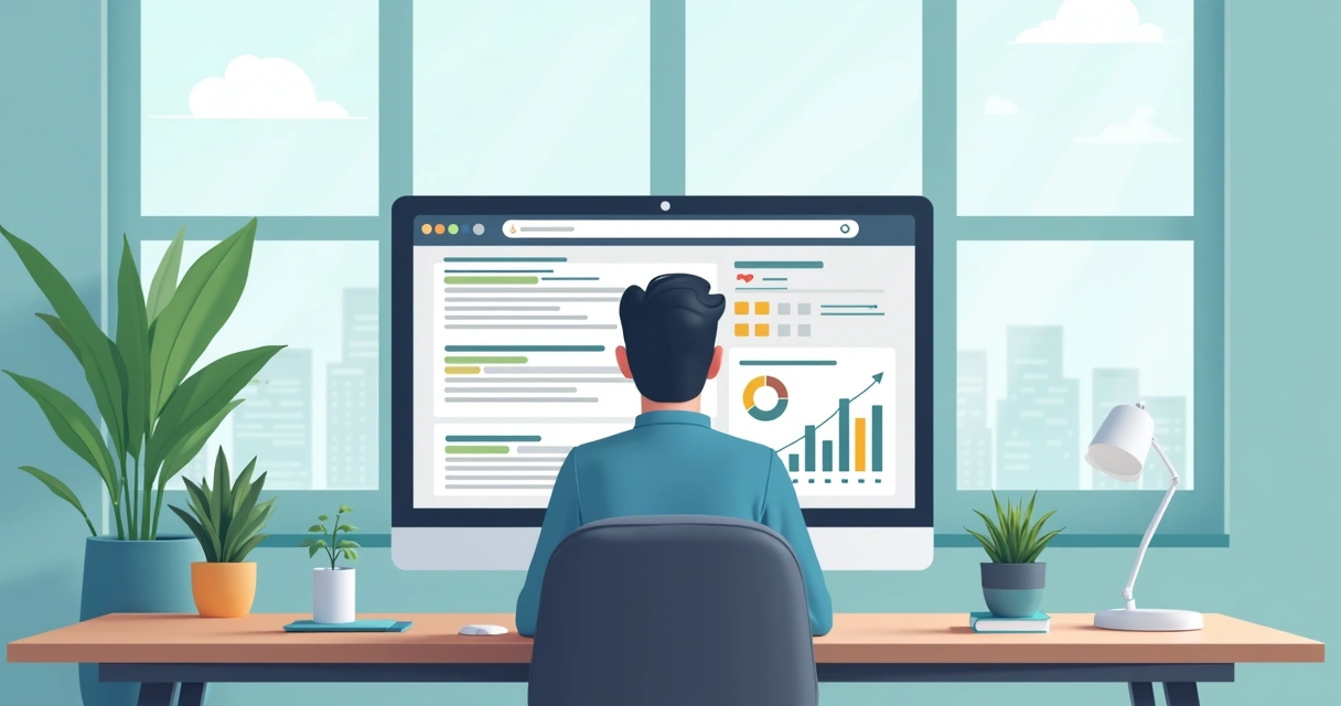 Pessoa pesquisando casos de sucesso em um desktop 