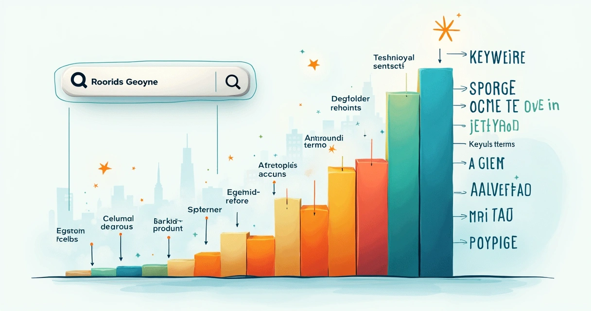 Representação visual de uma pesquisa de cauda longa com gráficos e barras de volume de buscas 