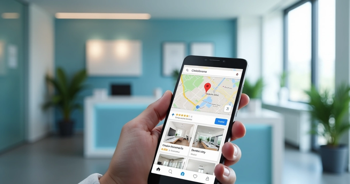Busca de clínica odontológica no Google Maps em celular