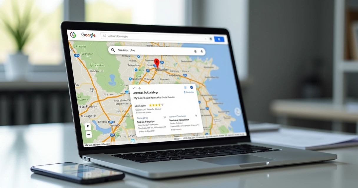 Pesquisa de clínica odontológica no Google Maps em notebook
