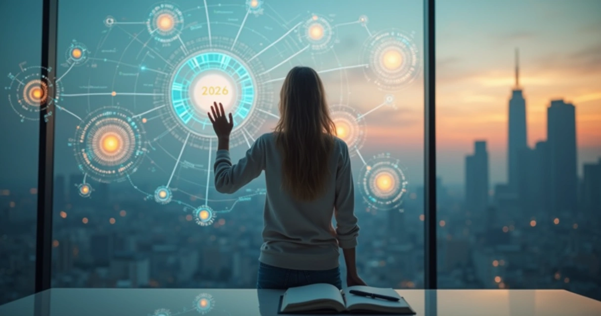 Pessoa analisa círculos luminosos conectados em painel transparente futurista 