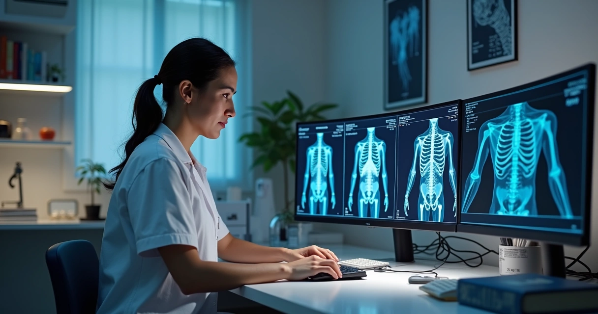 Médica vascular analisando informações digitais em um consultório 