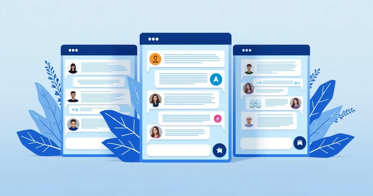 Três telas digitais simulando conversas com IA sobre catálogos de produtos 