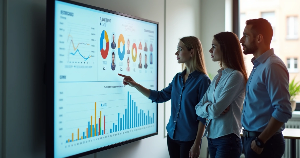 Equipe analisa dados de CRM em grande tela digital com gráficos