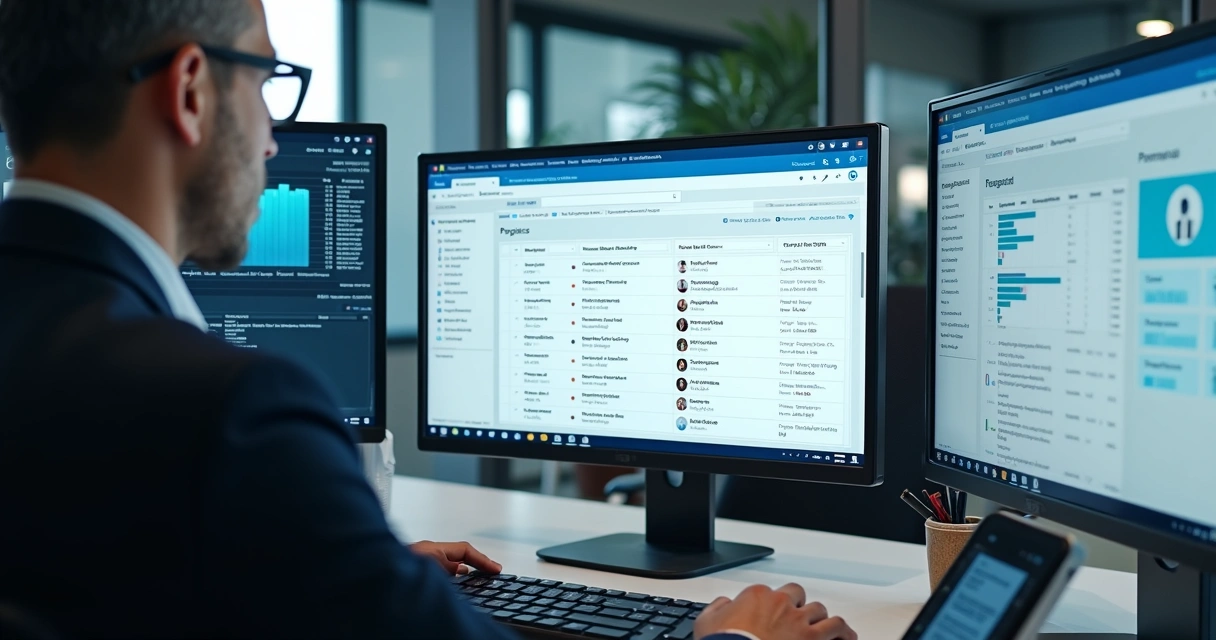 Como Encontrar Dados Comerciais Pelo Número de Telefone 2 Profissional usa computador em escritório moderno para consultar dados de uma empresa pelo telefone.