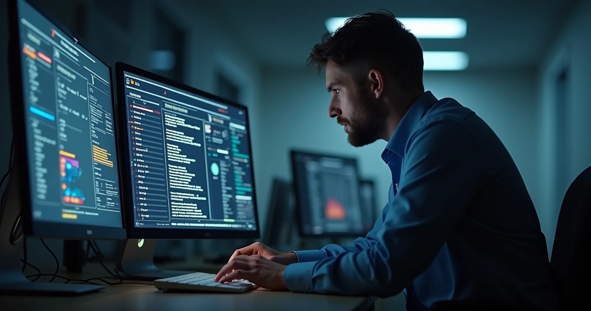 Homem analisando dados vazados no computador em ambiente de escritório escuro 