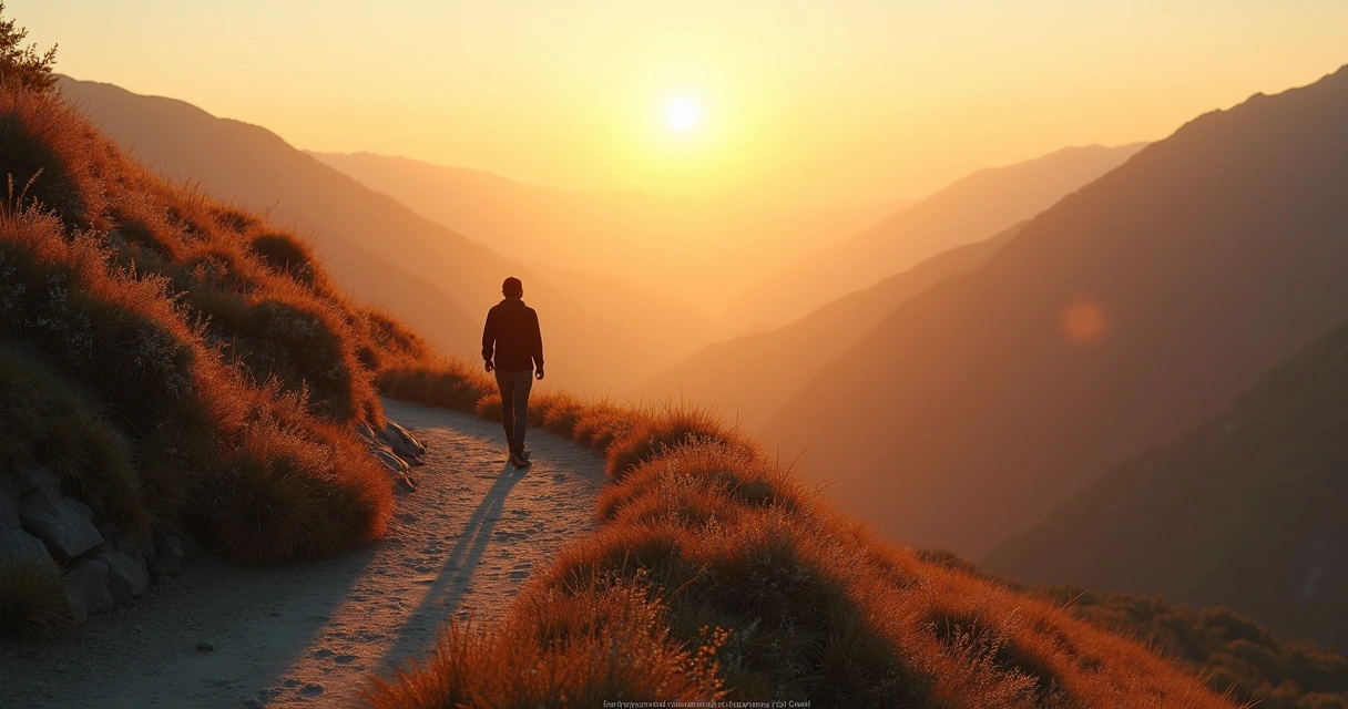 Pessoa caminhando sozinha em trilha montanhosa 