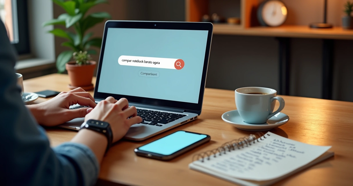Pessoa digitando no laptop fazendo uma busca de compra