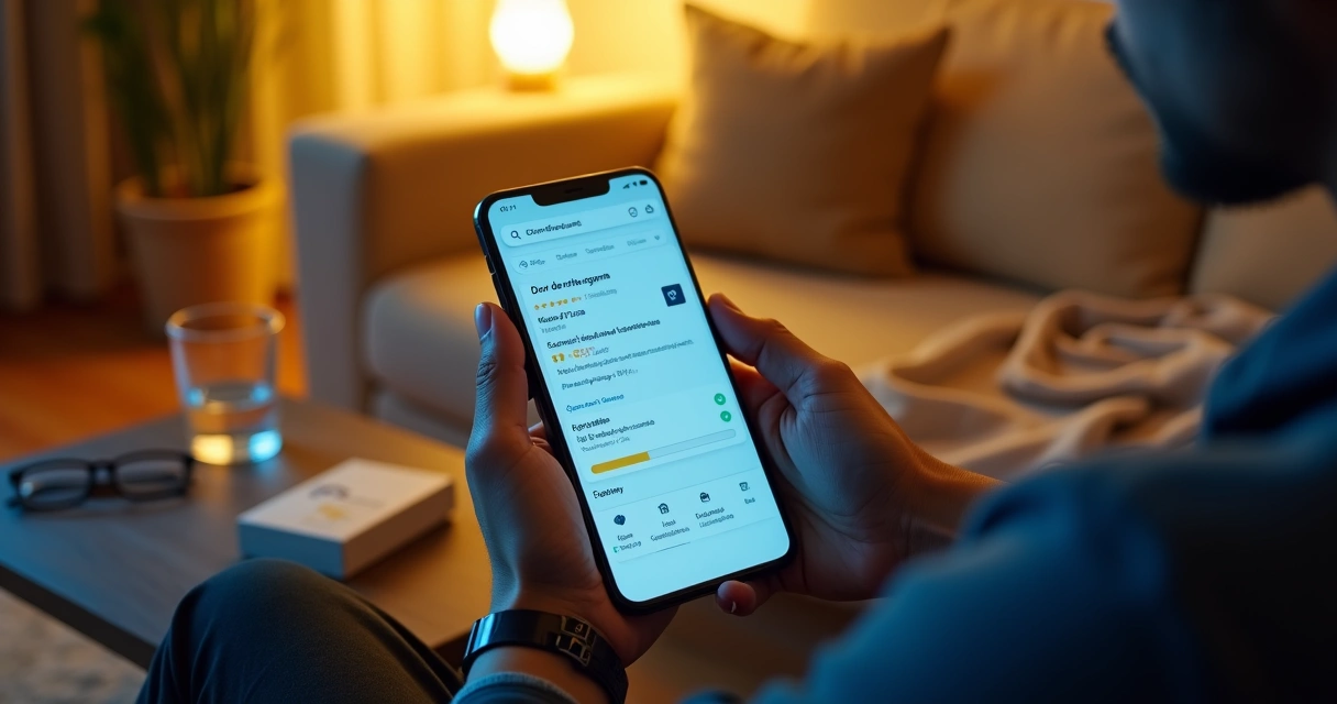 Pessoa segurando celular à noite pesquisando dentista no Google 