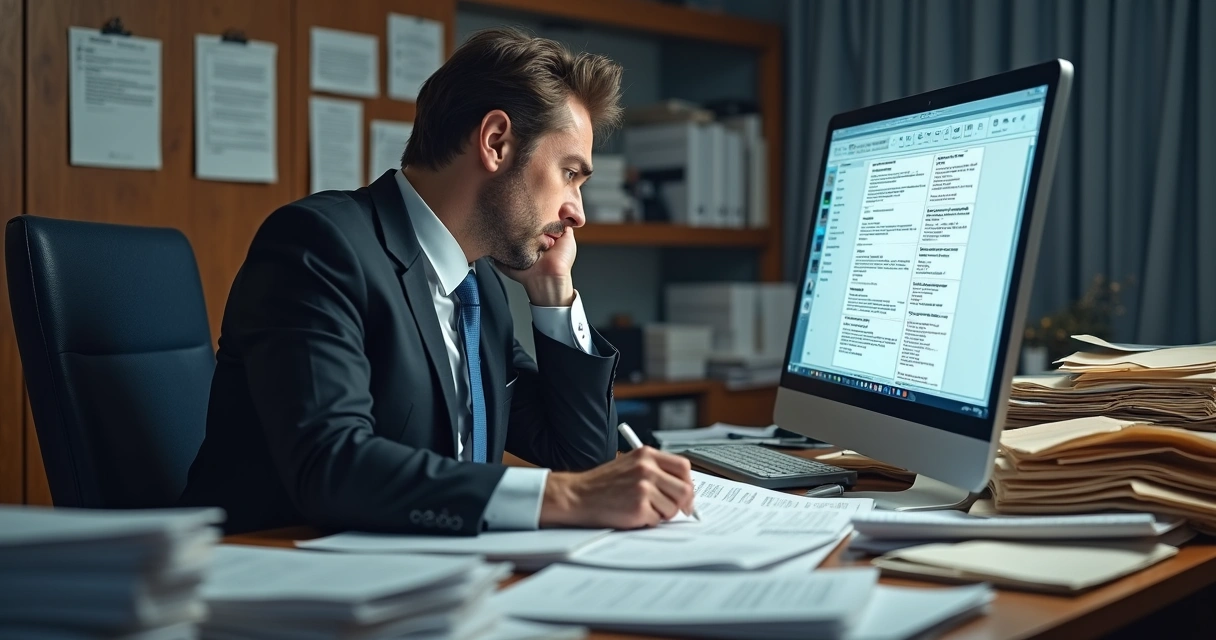 Pessoa procurando contratos em pilhas de papéis e e-mails abertos 