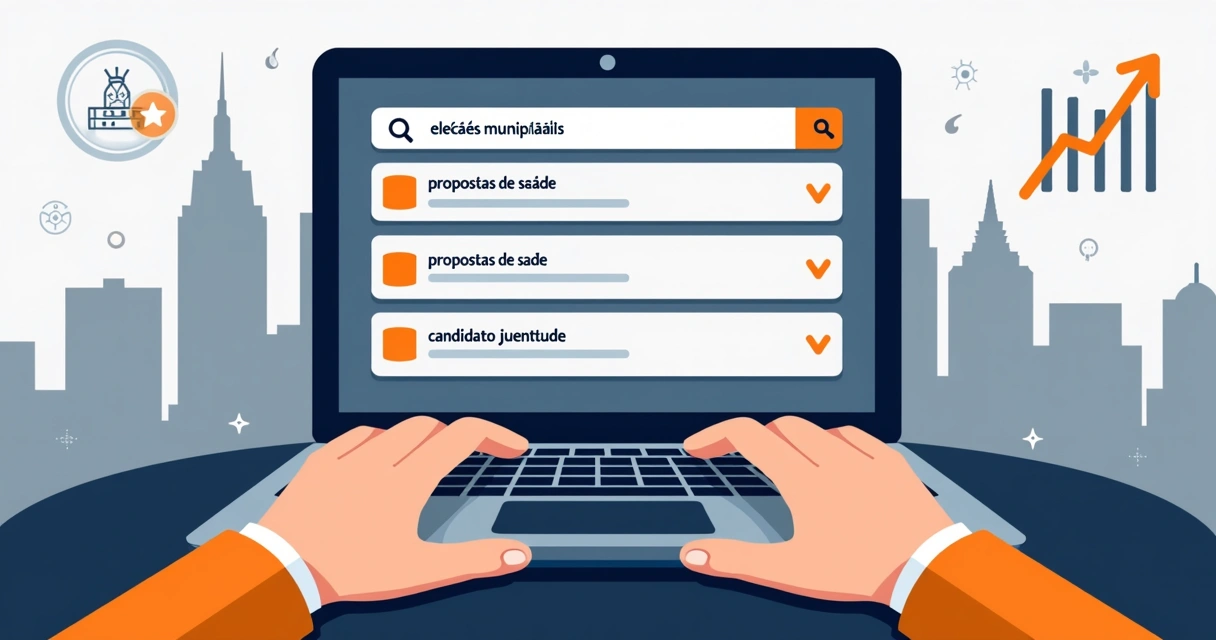Pessoa digitando termos políticos em notebook com gráficos de engajamento digital 