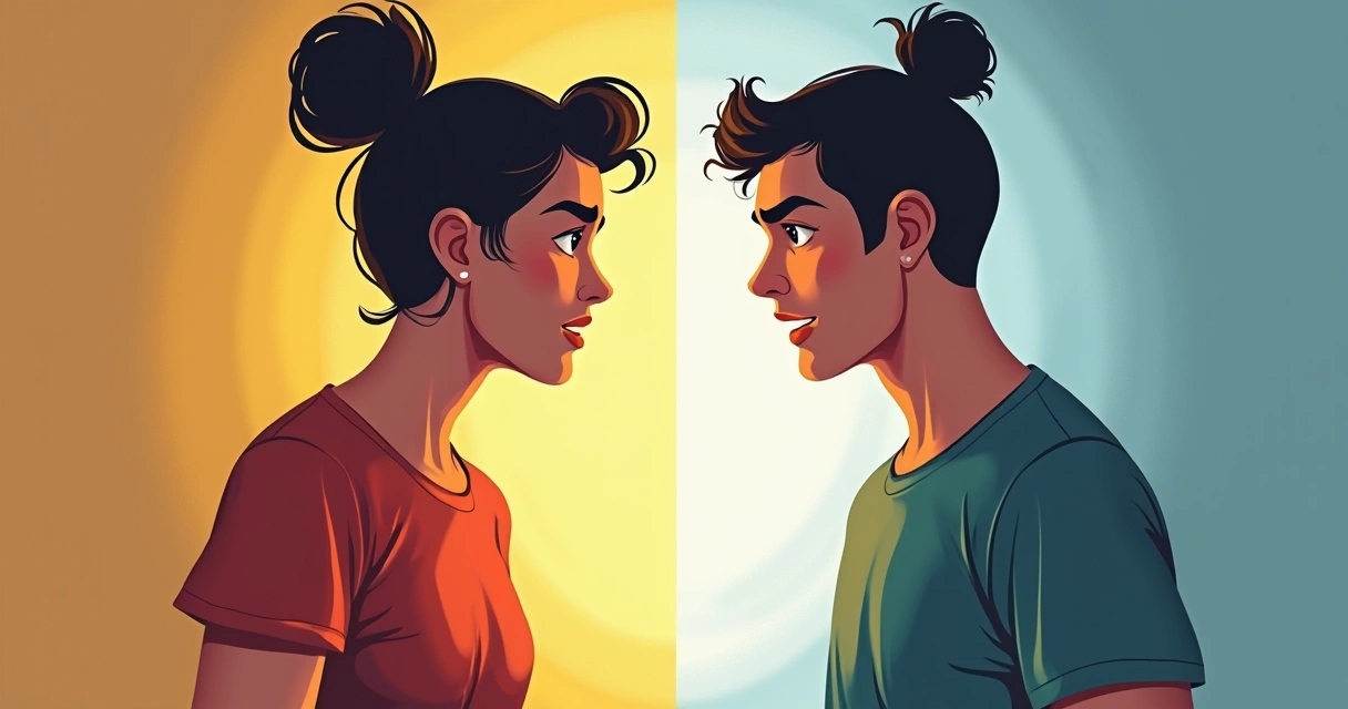 Pessoa refletindo diante de espelho, dividida entre expressão tranquila e outra preocupada 