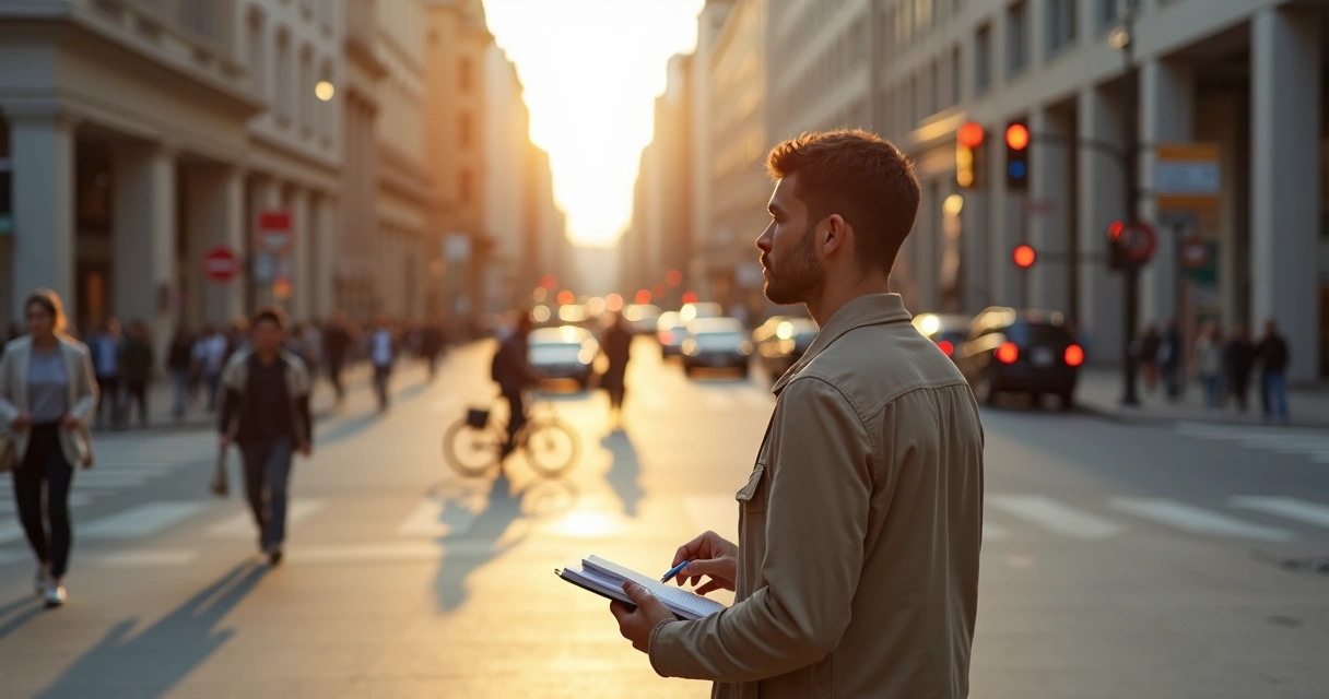 Pessoa em cruzamento urbano avaliando escolhas éticas no cotidiano 