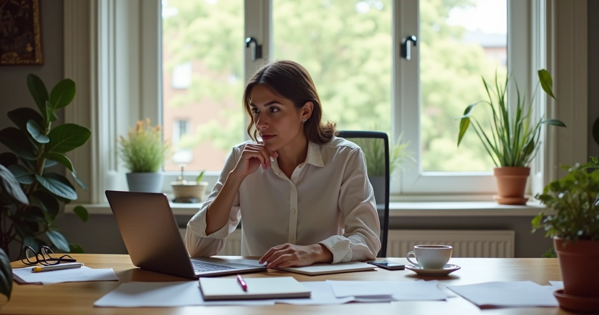 Pessoa em uma mesa de trabalho reflexiva, com anotações e computador 