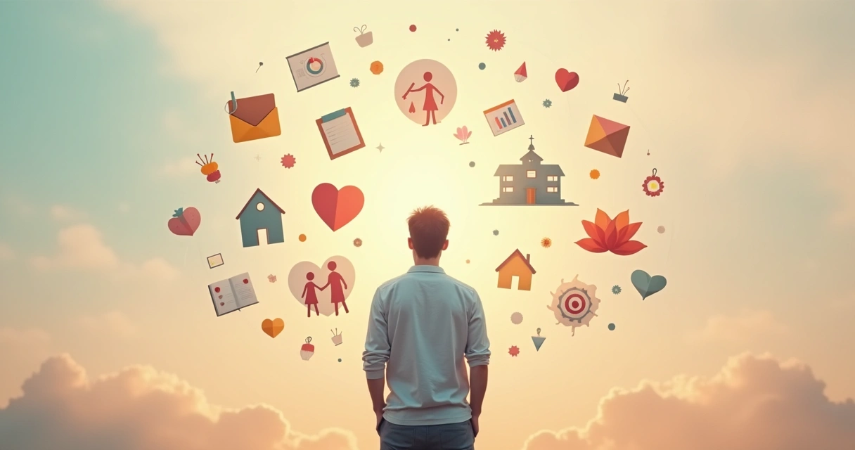 Pessoa com diferentes elementos de vida pessoal e profissional à sua volta, simbolizando equilíbrio e desafios.